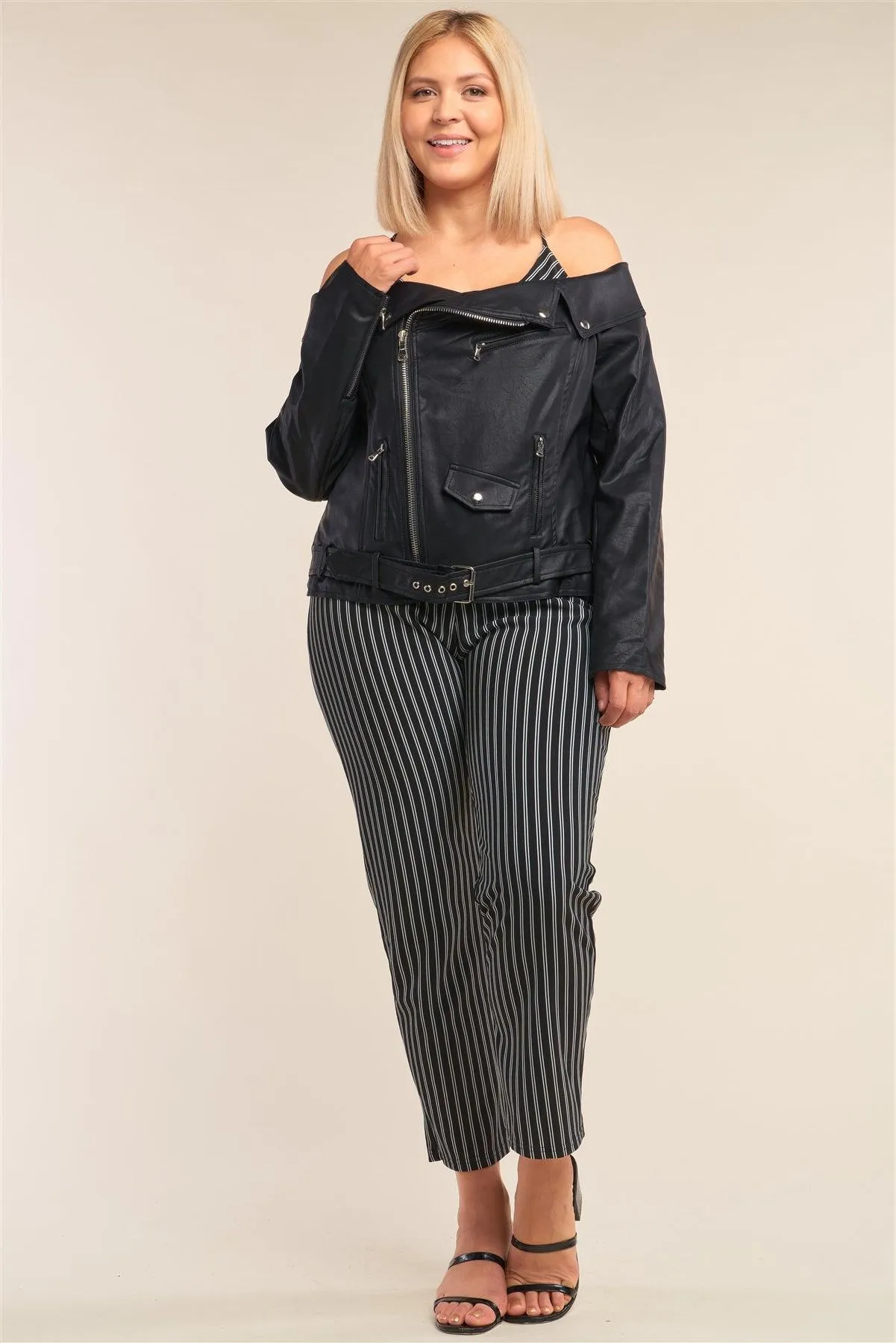 Junior Plus Size Black Vegan Leather Off-The-Shoulder Oblique Zipper Belted Cropped Jacket /2-2-2