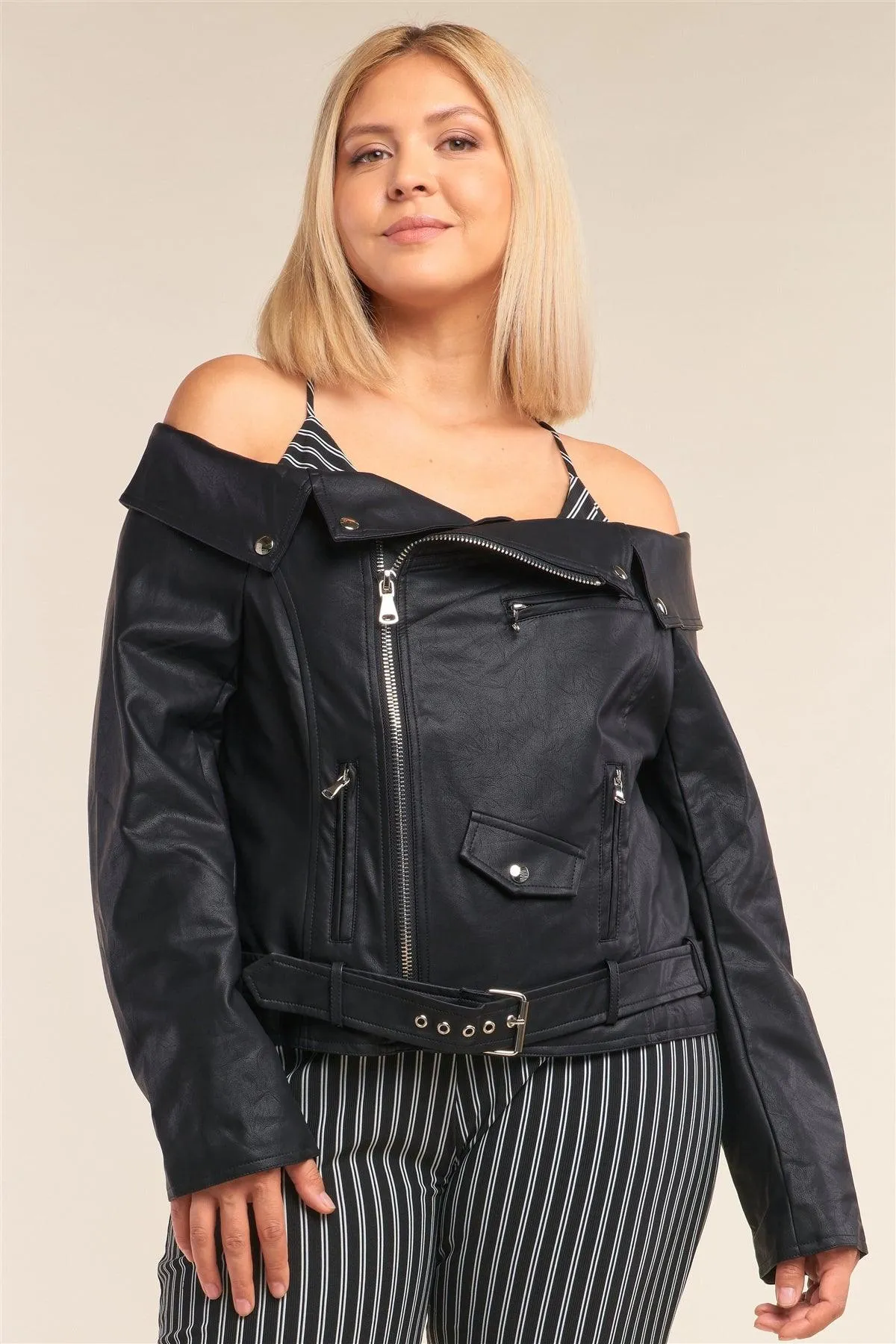 Junior Plus Size Black Vegan Leather Off-The-Shoulder Oblique Zipper Belted Cropped Jacket /2-2-2