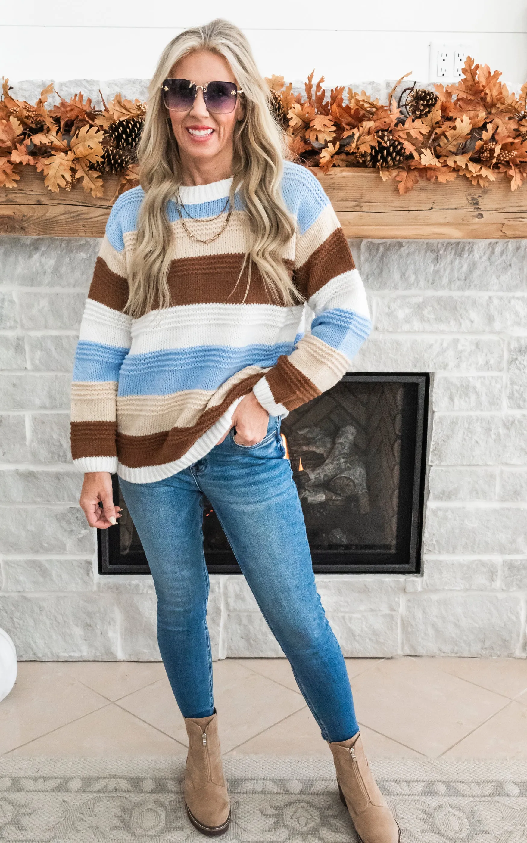 Just A Thought Fall Striped Colorblock Sweater - Denim