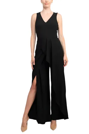 Marina V-Neck Sleeveless Zipper Back Racer Back Ruffled Hem Crepe Jumpsuit