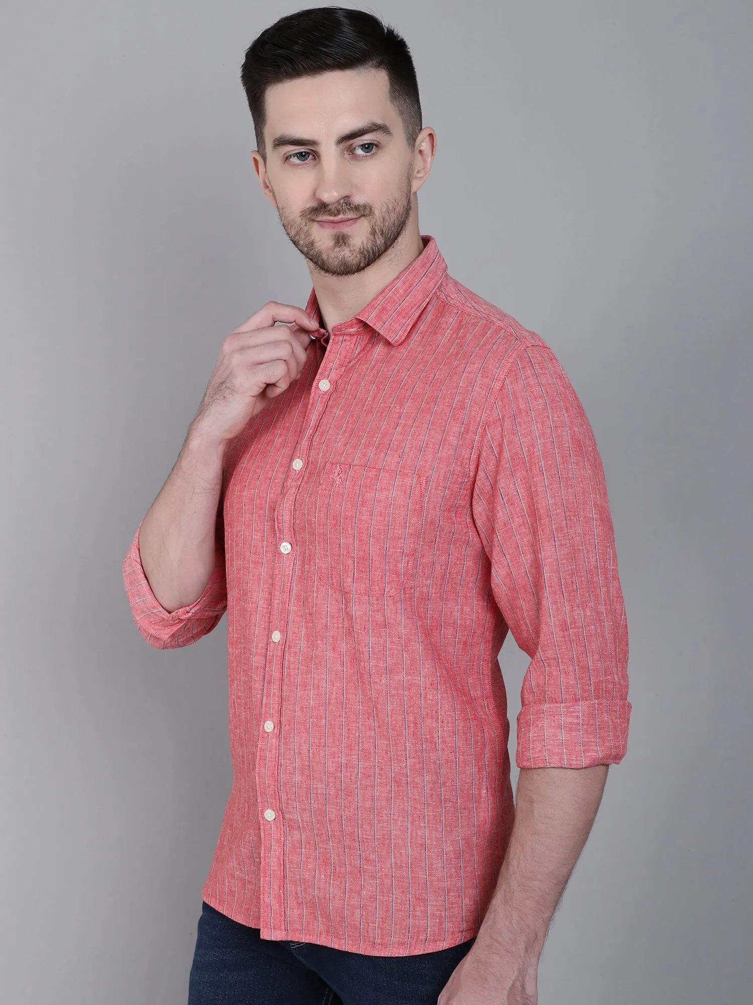 Men's Red Casual Thin Stripe Full Sleeve Shirt