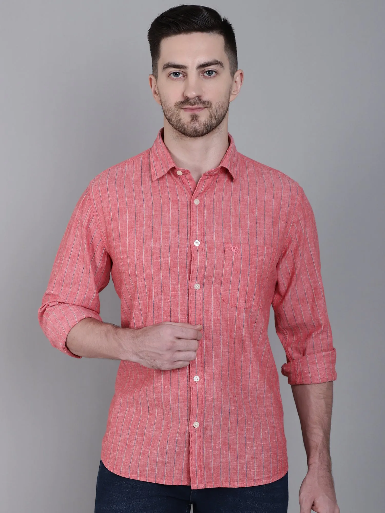 Men's Red Casual Thin Stripe Full Sleeve Shirt