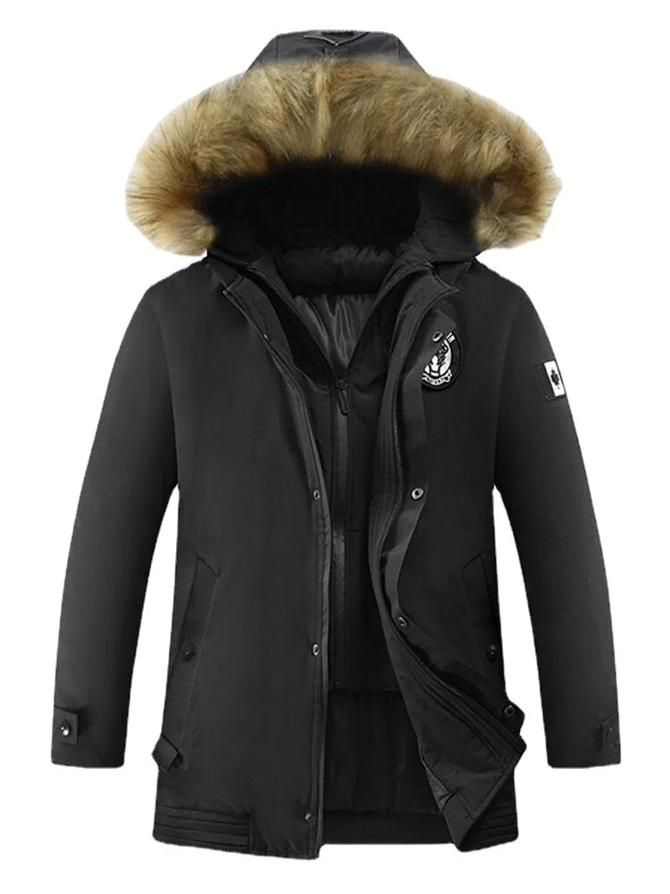 Mens Solid Winter Thicken Warm Zipper Fur Hooded Mid-Long Jacket