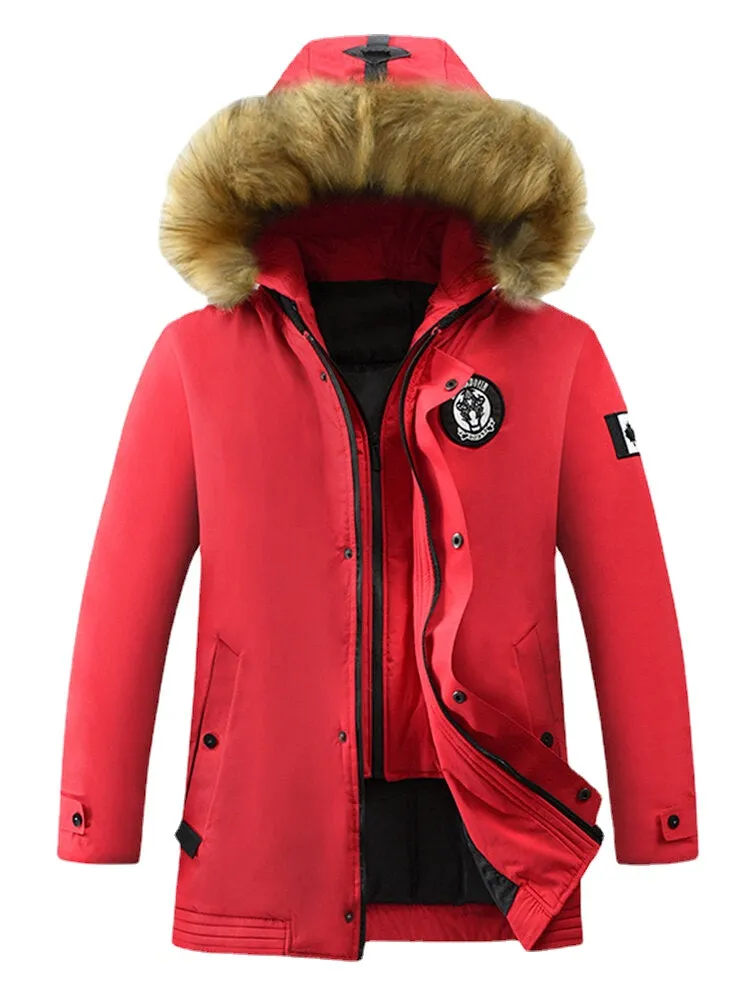 Mens Solid Winter Thicken Warm Zipper Fur Hooded Mid-Long Jacket