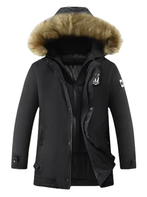 Mens Solid Winter Thicken Warm Zipper Fur Hooded Mid-Long Jacket