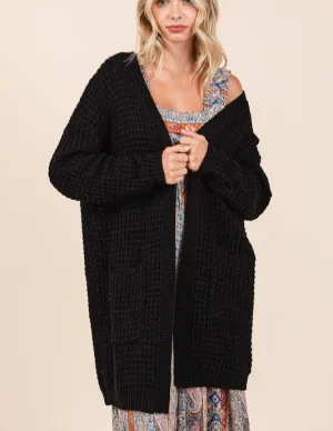 Mittoshop Black Cardigan Waffle-Knit Open Long Sleeve Longline Pocketed