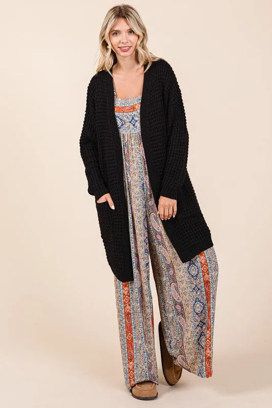 Mittoshop Black Cardigan Waffle-Knit Open Long Sleeve Longline Pocketed