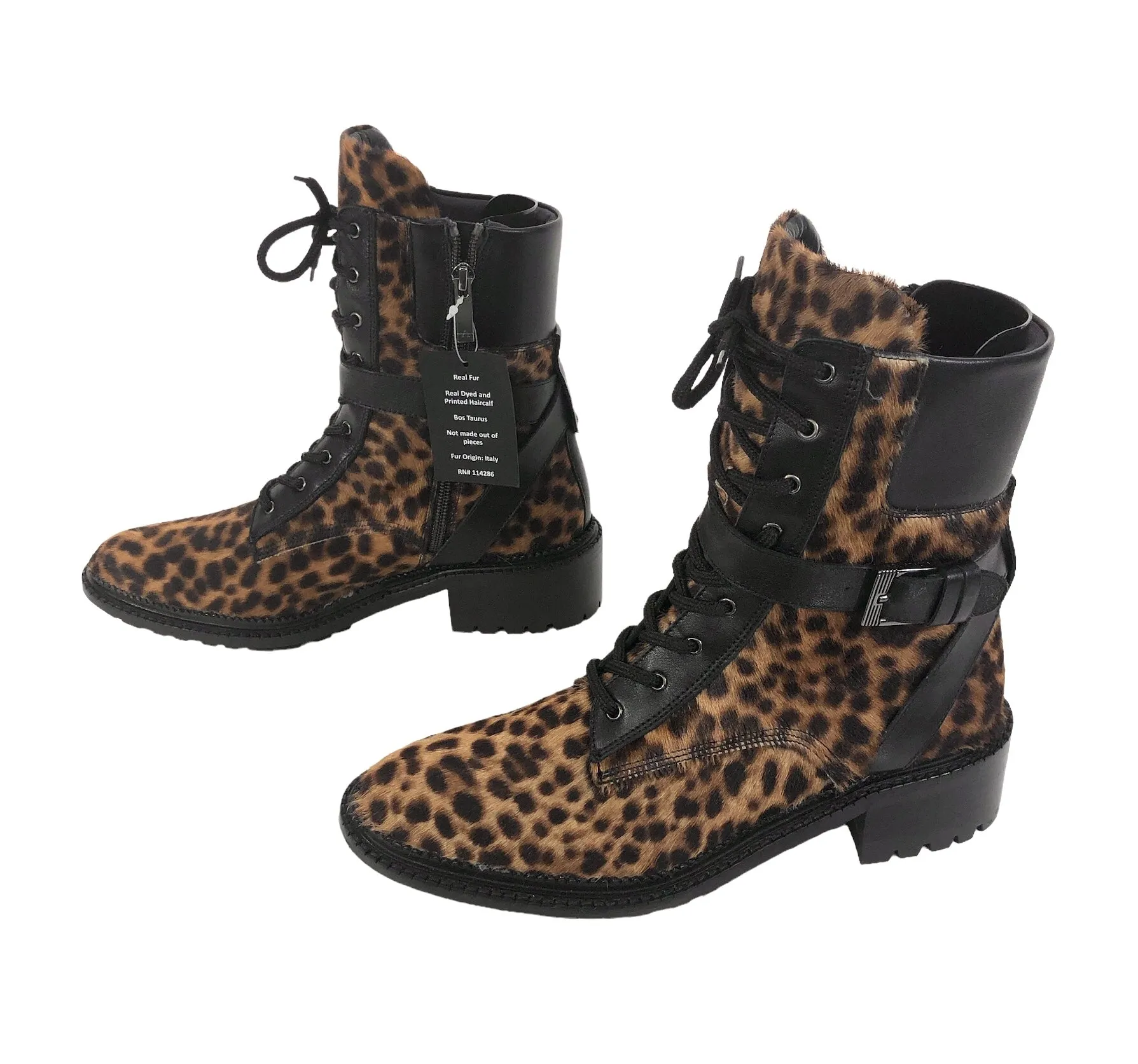 Octavia Leopard-Print Buckle Combat Booties | Size 8.5