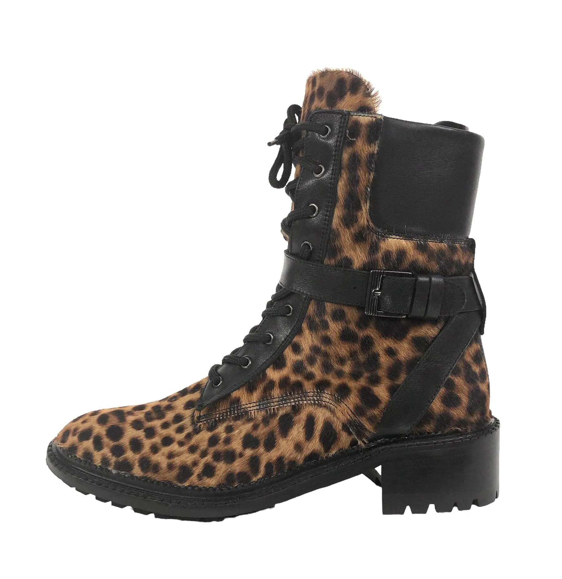 Octavia Leopard-Print Buckle Combat Booties | Size 8.5