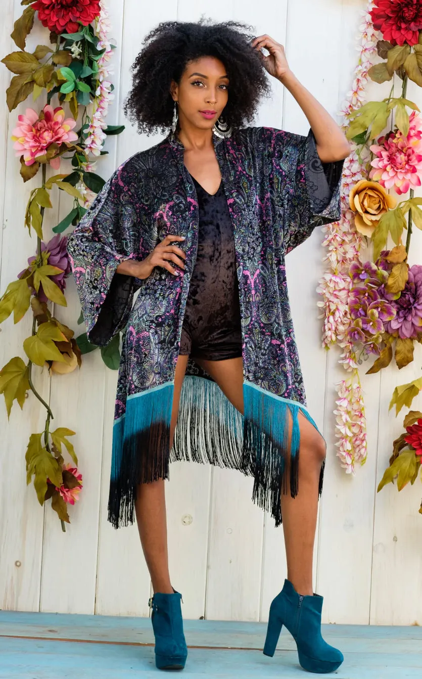 Pink Paisley Burnout Velvet Kimono with Teal/Black Ombre Fringe