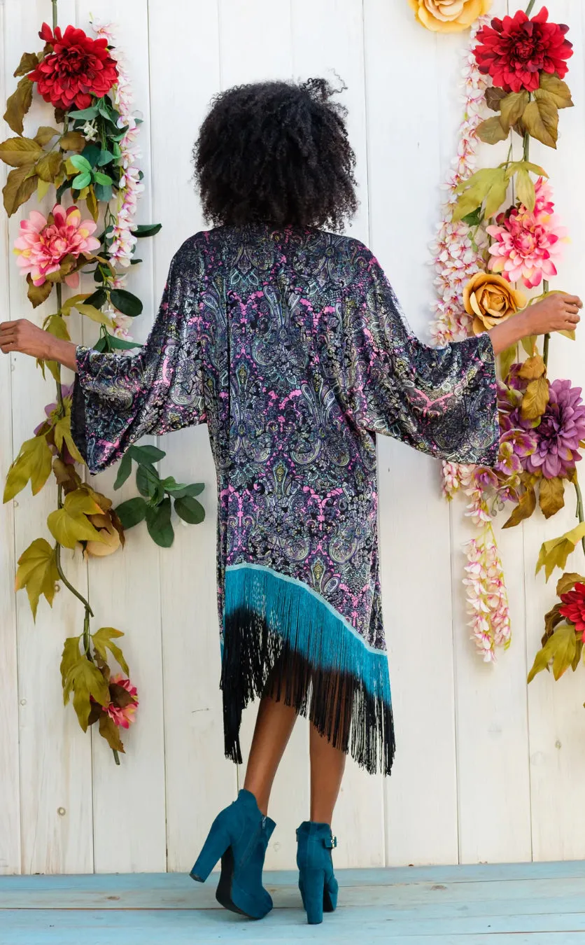 Pink Paisley Burnout Velvet Kimono with Teal/Black Ombre Fringe