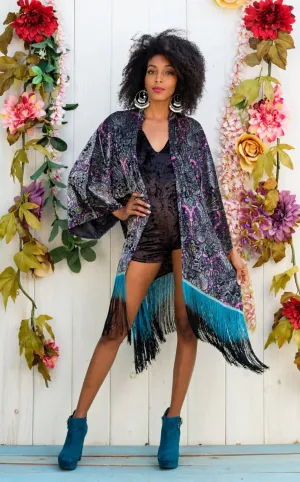 Pink Paisley Burnout Velvet Kimono with Teal/Black Ombre Fringe