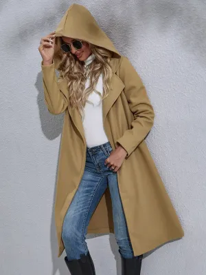 Plain Belted Long Sleeve Hooded Knee Length Women Overcoat