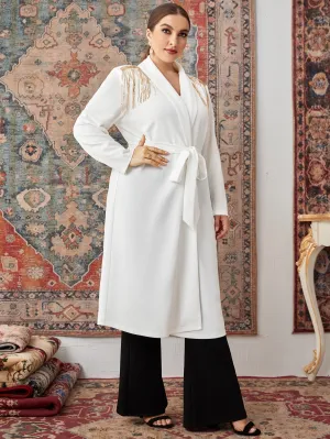 Plain Chain Long Sleeve Shawl Collar Midi Plus Size Coat