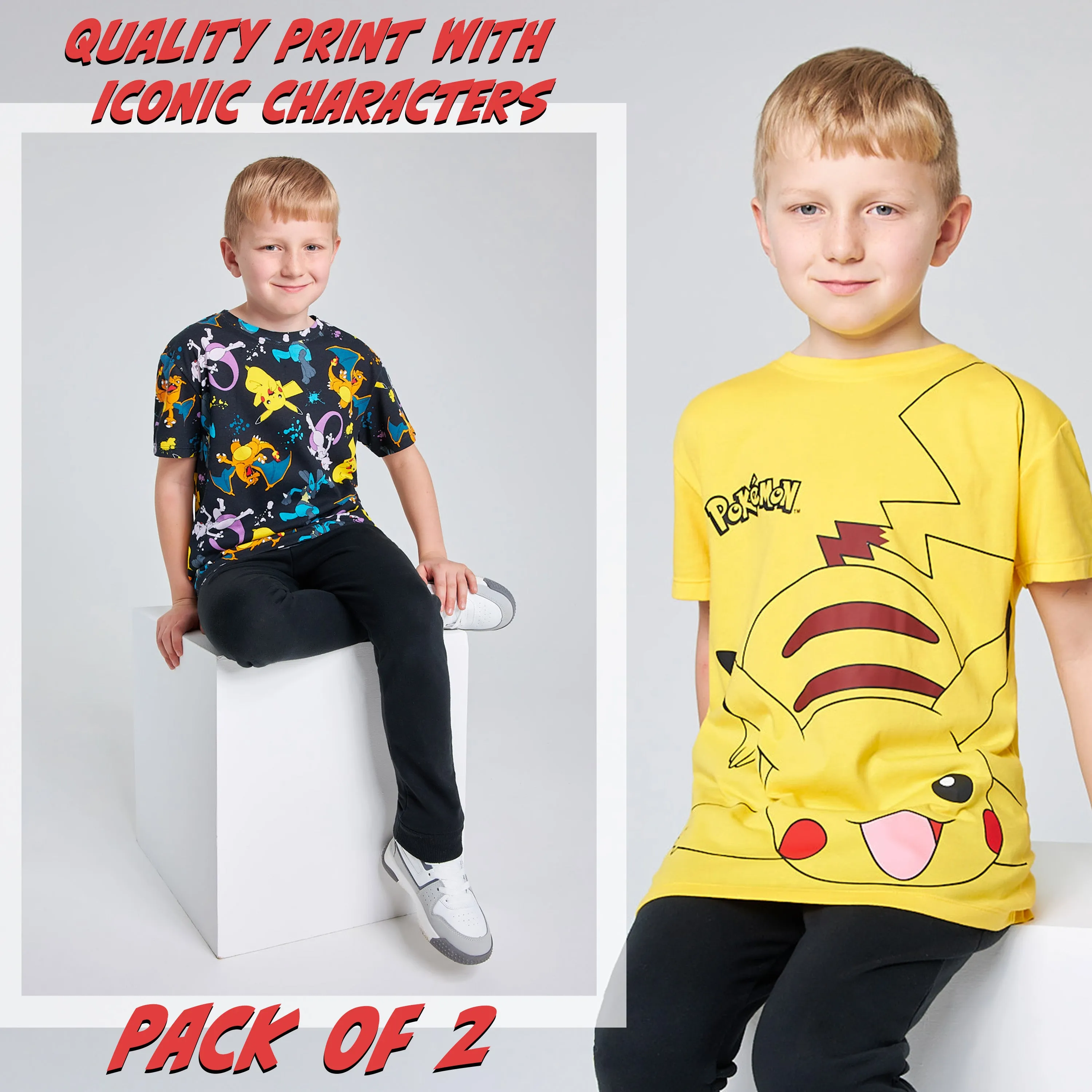 Pokemon Boys Crew Neck T-Shirts, Soft Breathable Material Pack of 2 - Boys Gifts