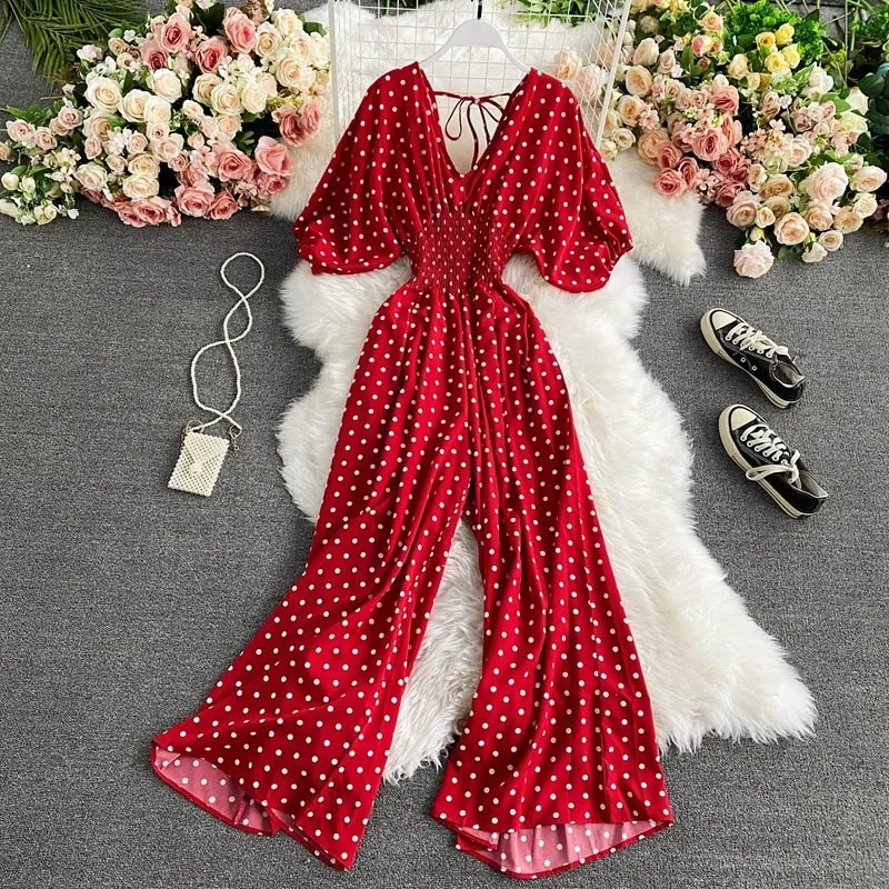 Polka Dot Print Jumpsuit - multiple colors