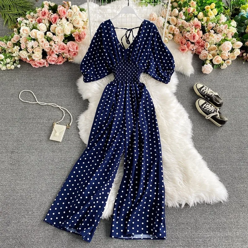 Polka Dot Print Jumpsuit - multiple colors