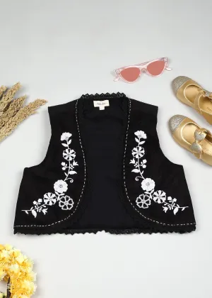 Rini Girls Solid Sleeveless Casual Cotton Embroidered Vest - Black