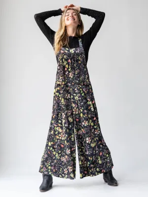 Velvet Dakota Tie Overall - Black Floral Stems