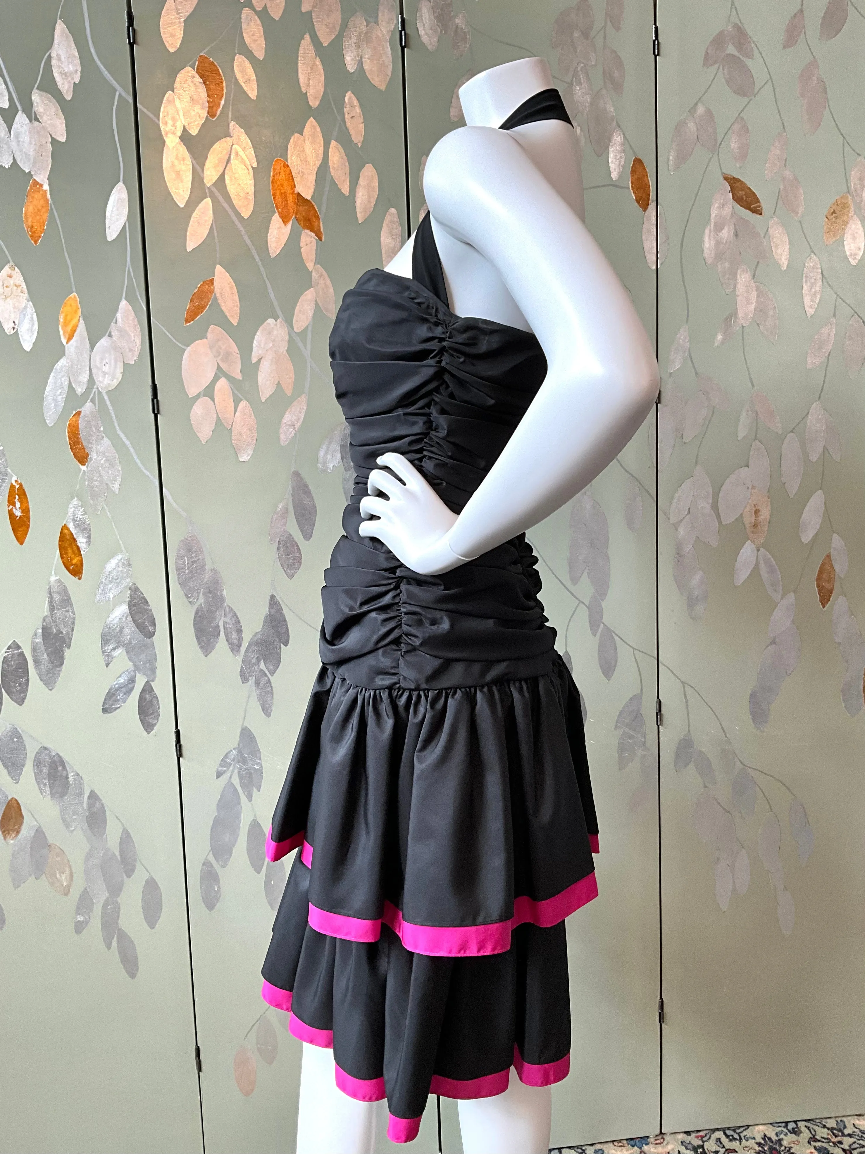 Vintage 1980s Black Double Tier Lori Ann Party Dress, S-M