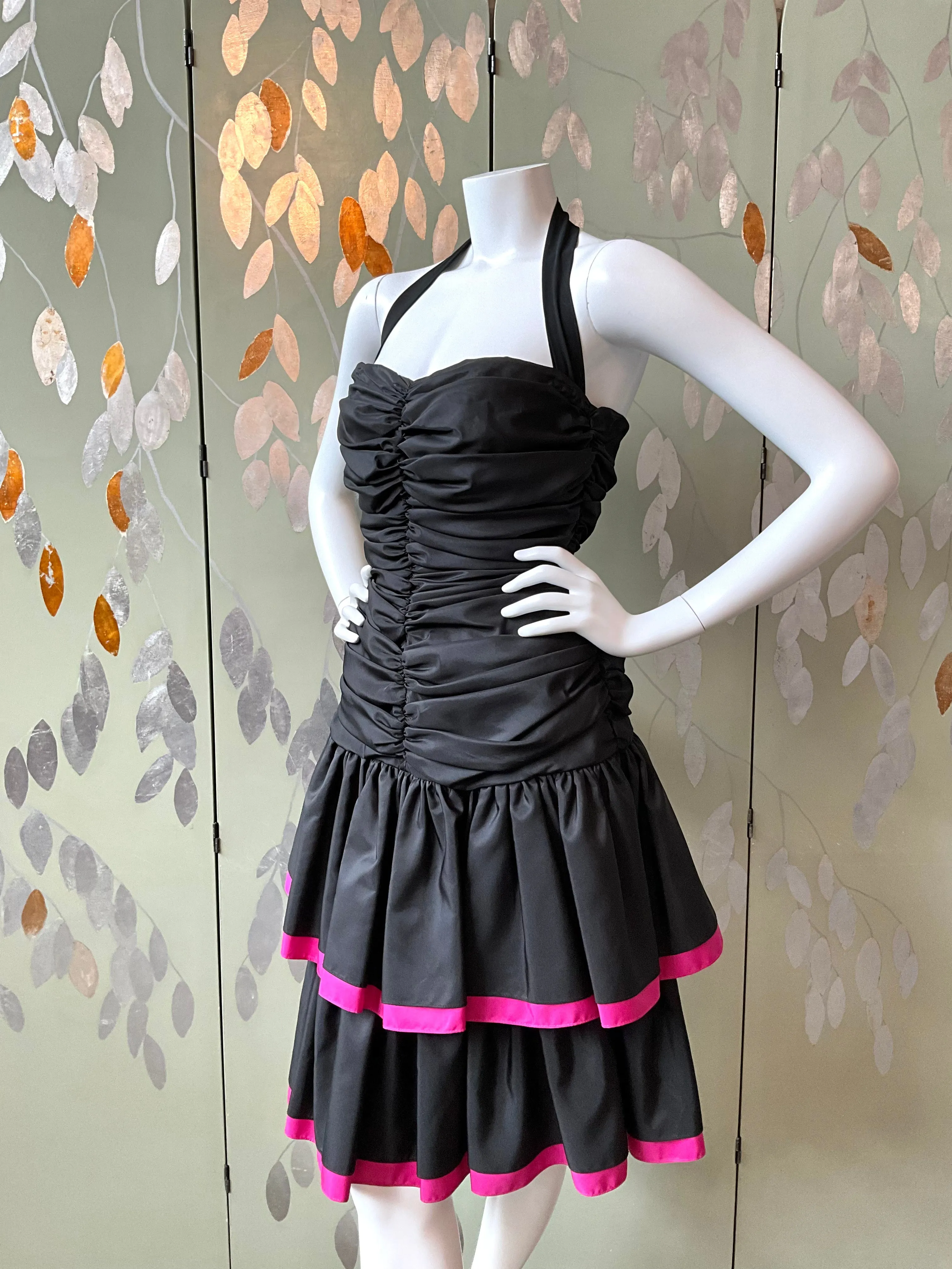 Vintage 1980s Black Double Tier Lori Ann Party Dress, S-M