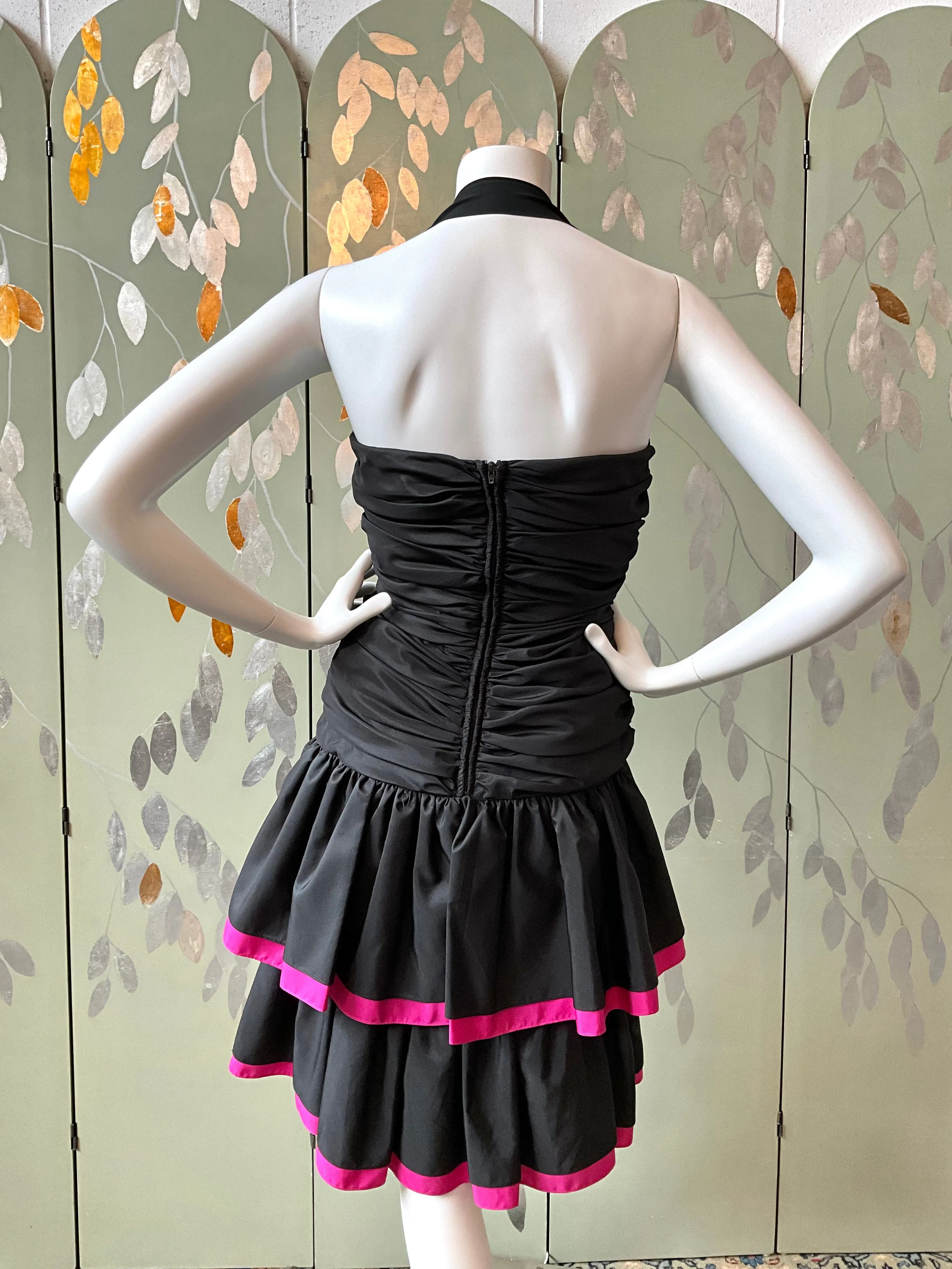 Vintage 1980s Black Double Tier Lori Ann Party Dress, S-M