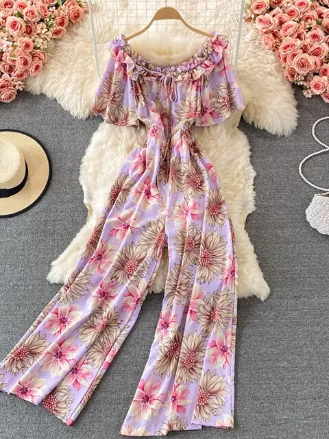 Women Romper Printed High Waist Short Sleeve Vacation Beach Jumpsuits