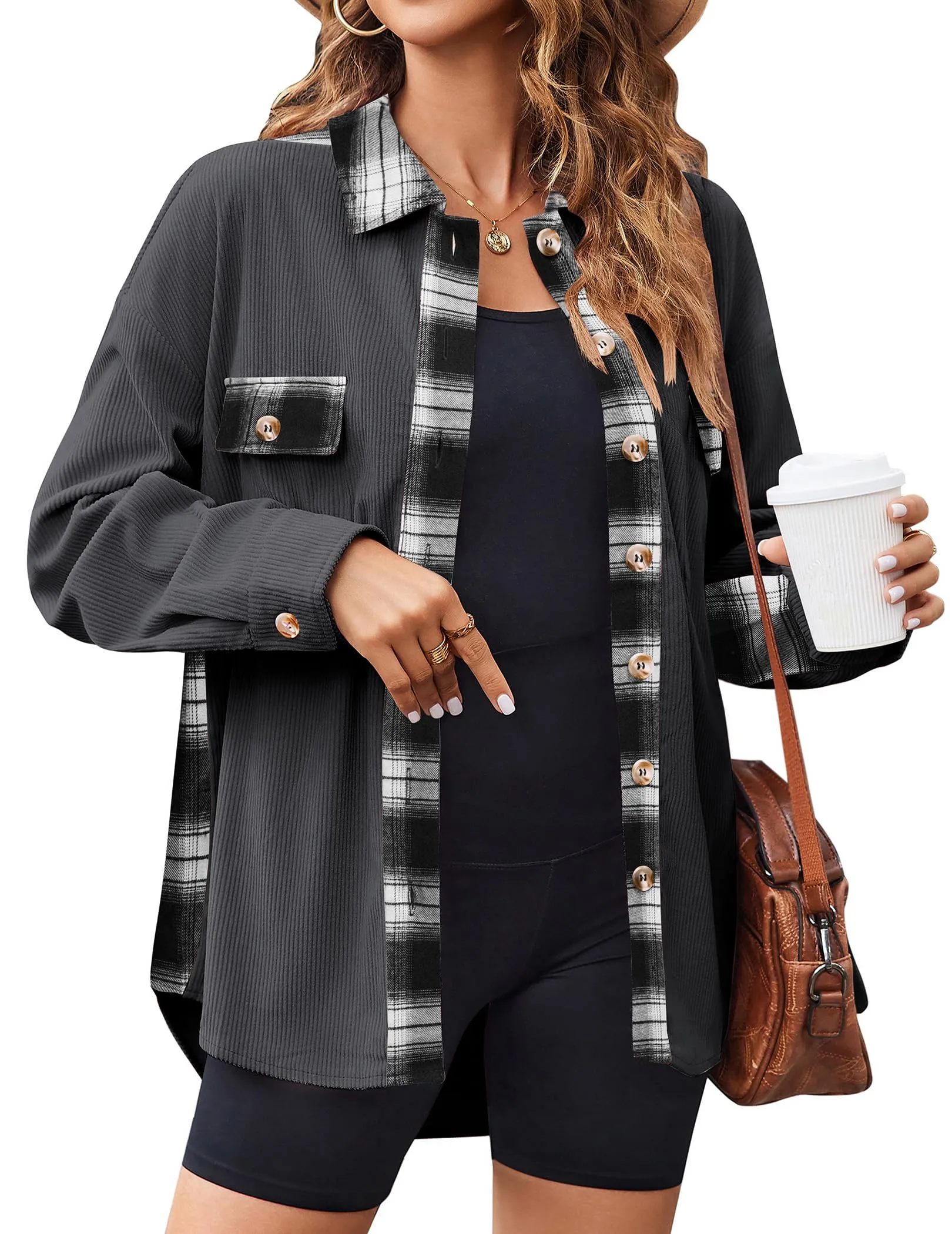 Zeagoo Womens Corduroy Flannel Shacket Jacket Casual Plaid Shirts